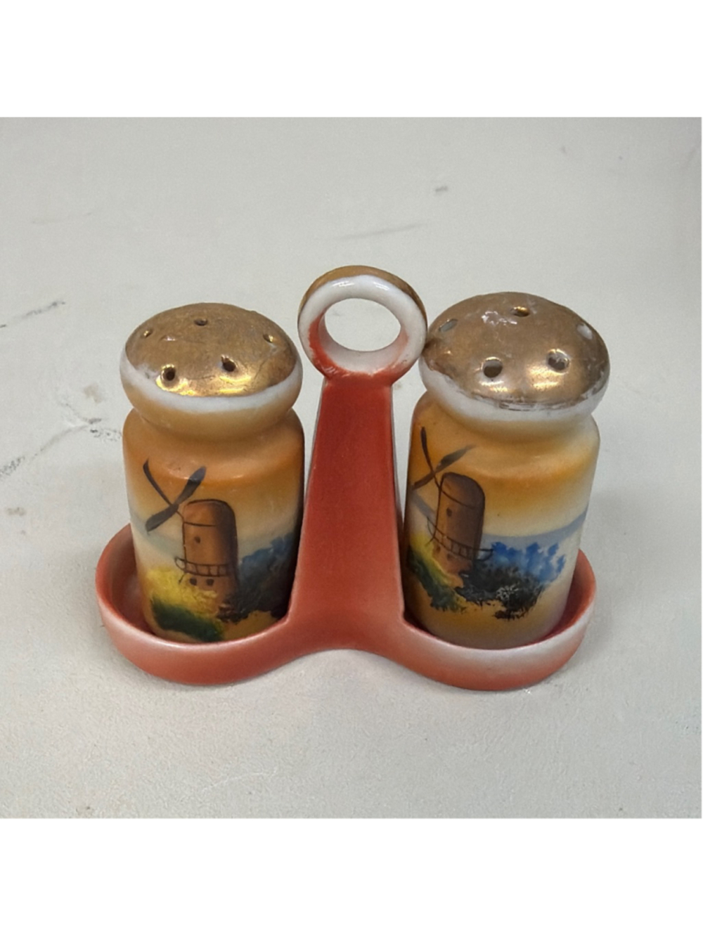 Vintage Lusterware Windmill Salt & Pepper Shaker w/Holder Made In Japan!